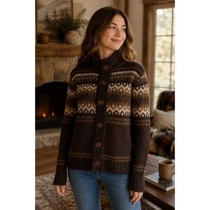 Fossil Cardigan Sweater Brown Fair Isle Button Up Cozy Size M